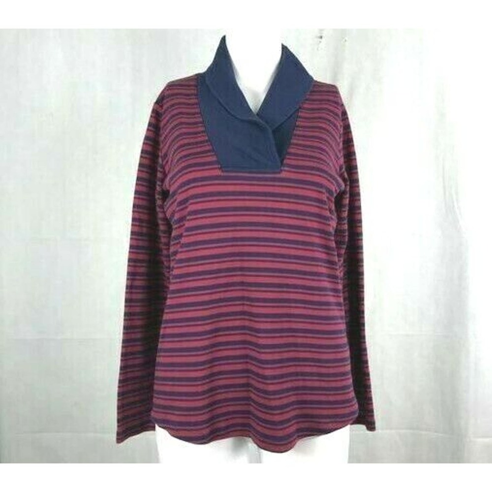 LL Bean Shirt Womens Sz S Red Blue Stripe Cotton Long Sleeve Top Shawl Collar